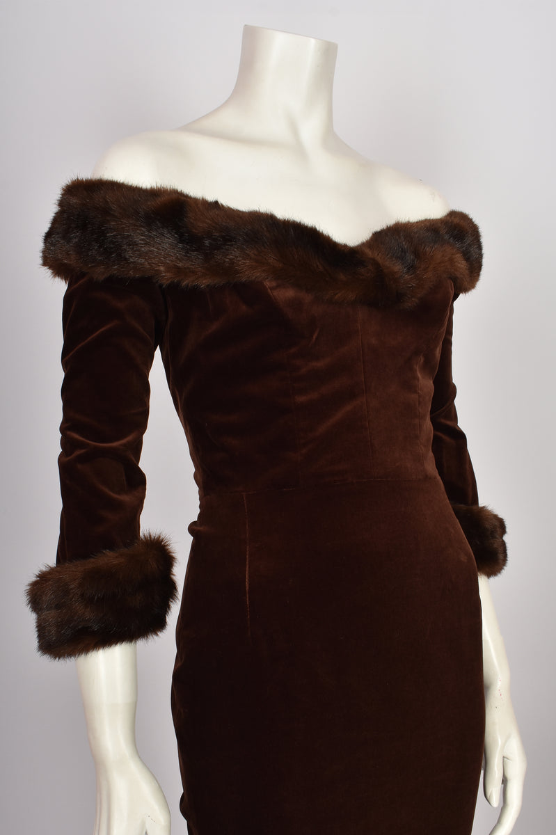 ANTONY PRICE BROWN VELVET AND FUR TRIM DRESS AW1989 – Found And Vision