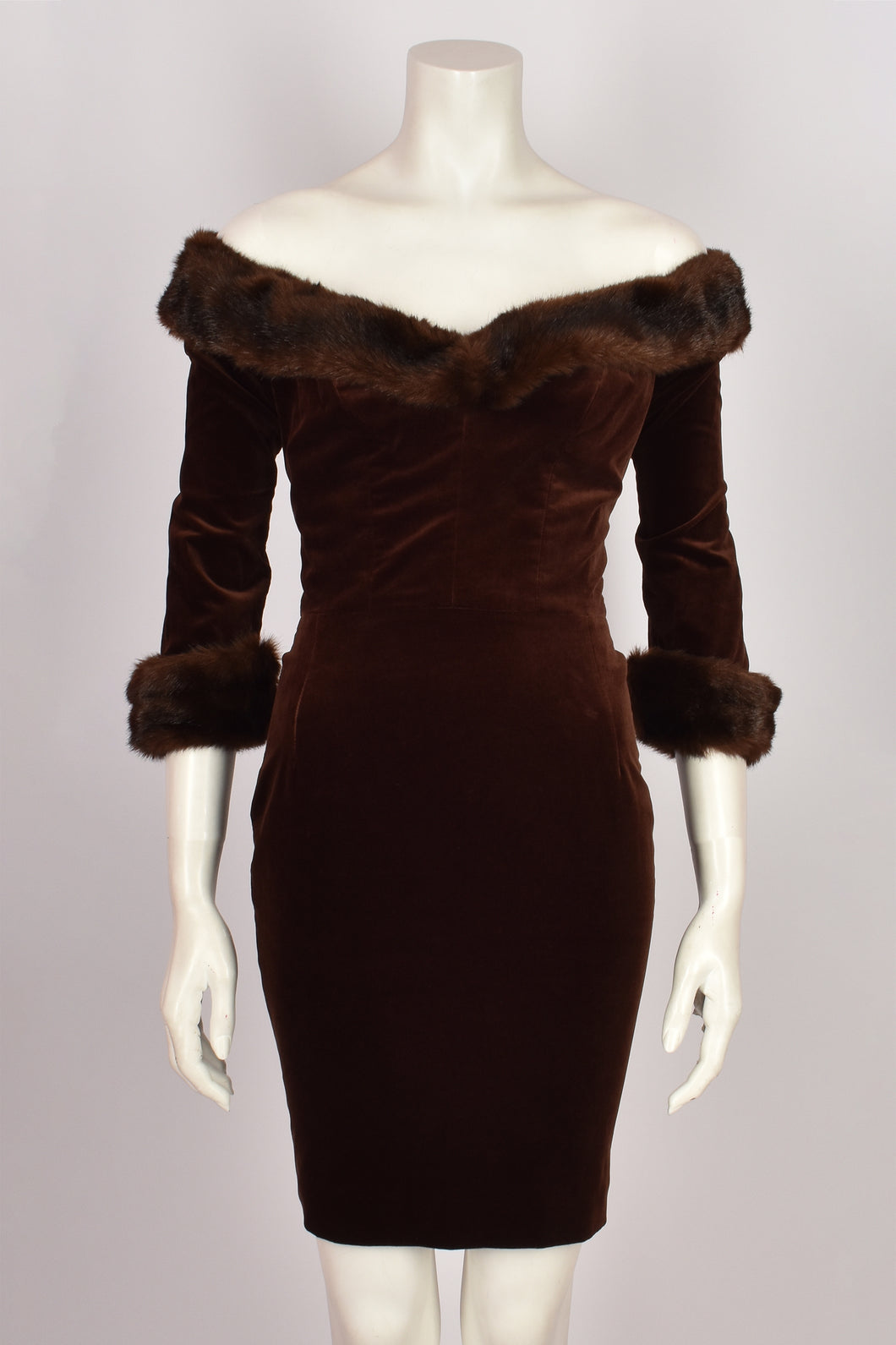 ANTONY PRICE BROWN VELVET AND FUR TRIM DRESS