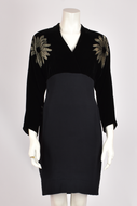 BRUCE OLDFIELD BLACK PRINTED VELVET MIDI DRESS