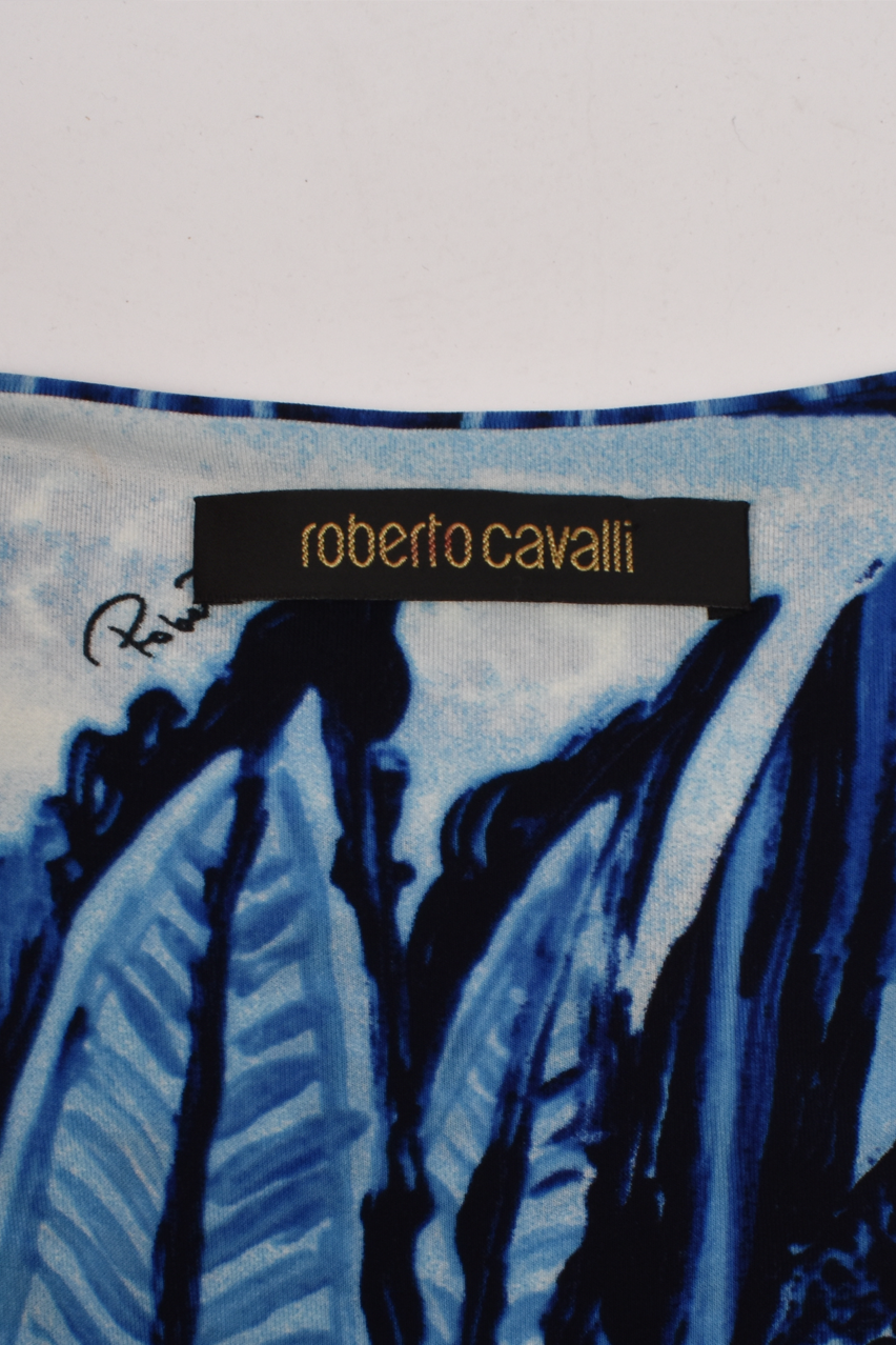 ROBERTO CAVALLI BLUE PRINT MAXI DRESS WITH SNAKE BROOCH