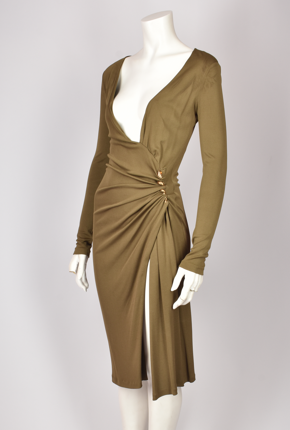 ROBERTO CAVALLI ARMY GREEN RUCHED MIDI DRESS