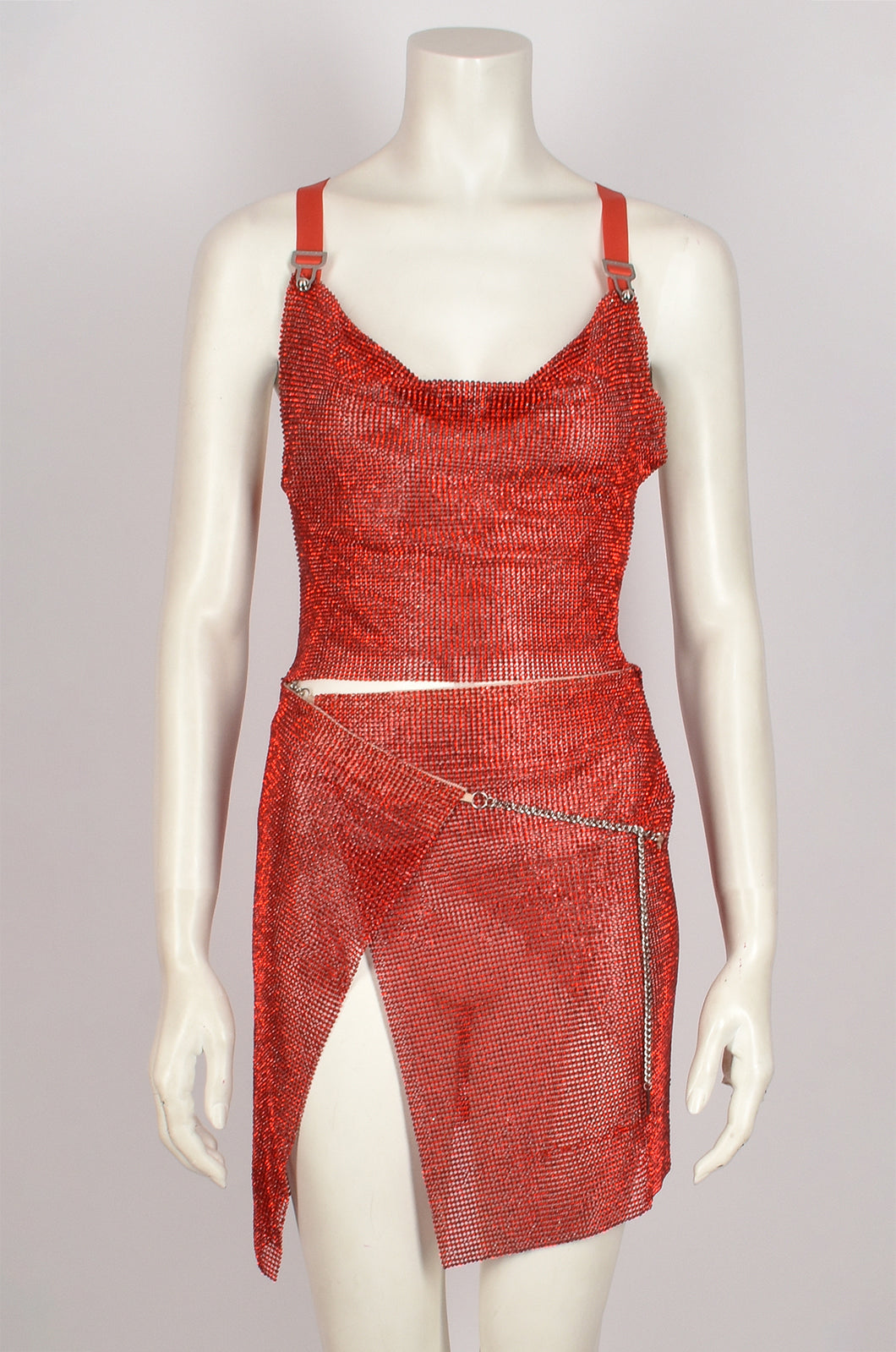 CRYSTAL RED TOP AND WRAPPED SKIRT SET