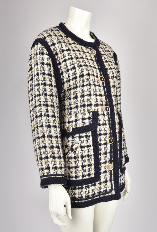 CHANEL NAVY AND WHITE TWEED LONG JACKET