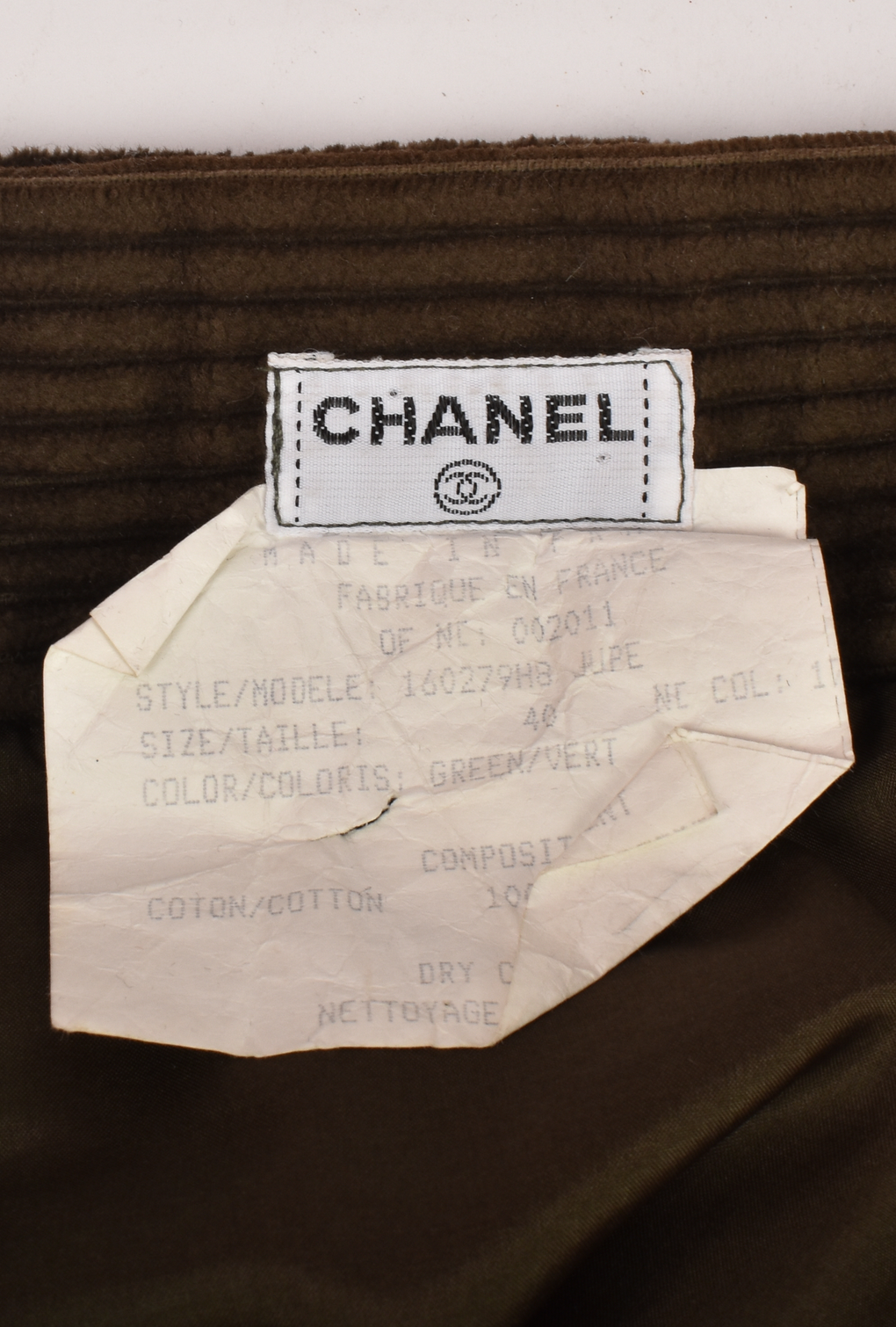 CHANEL ARMY GREEN CORDUROY MIDI SKIRT