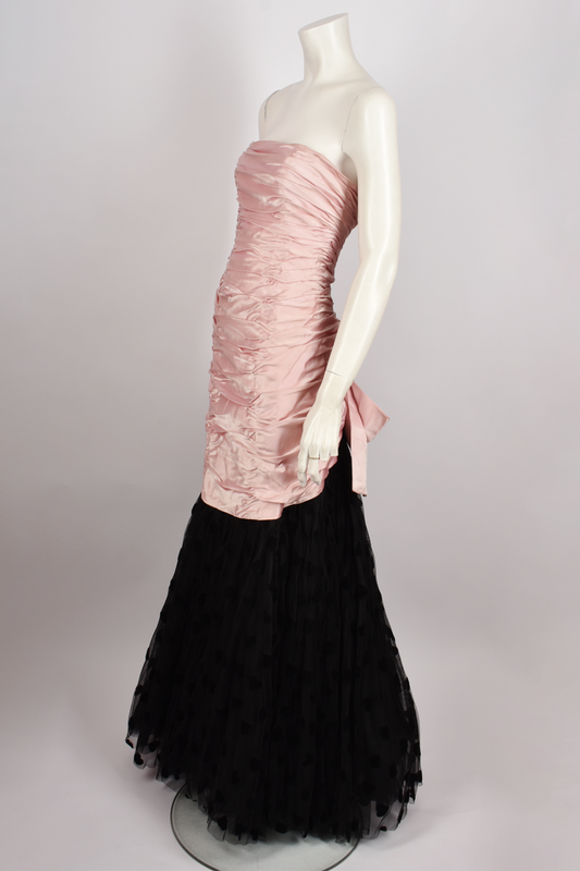 BELLEVILLE SASSOON STRAPLESS RUCHED PINK AND BLACK GOWN