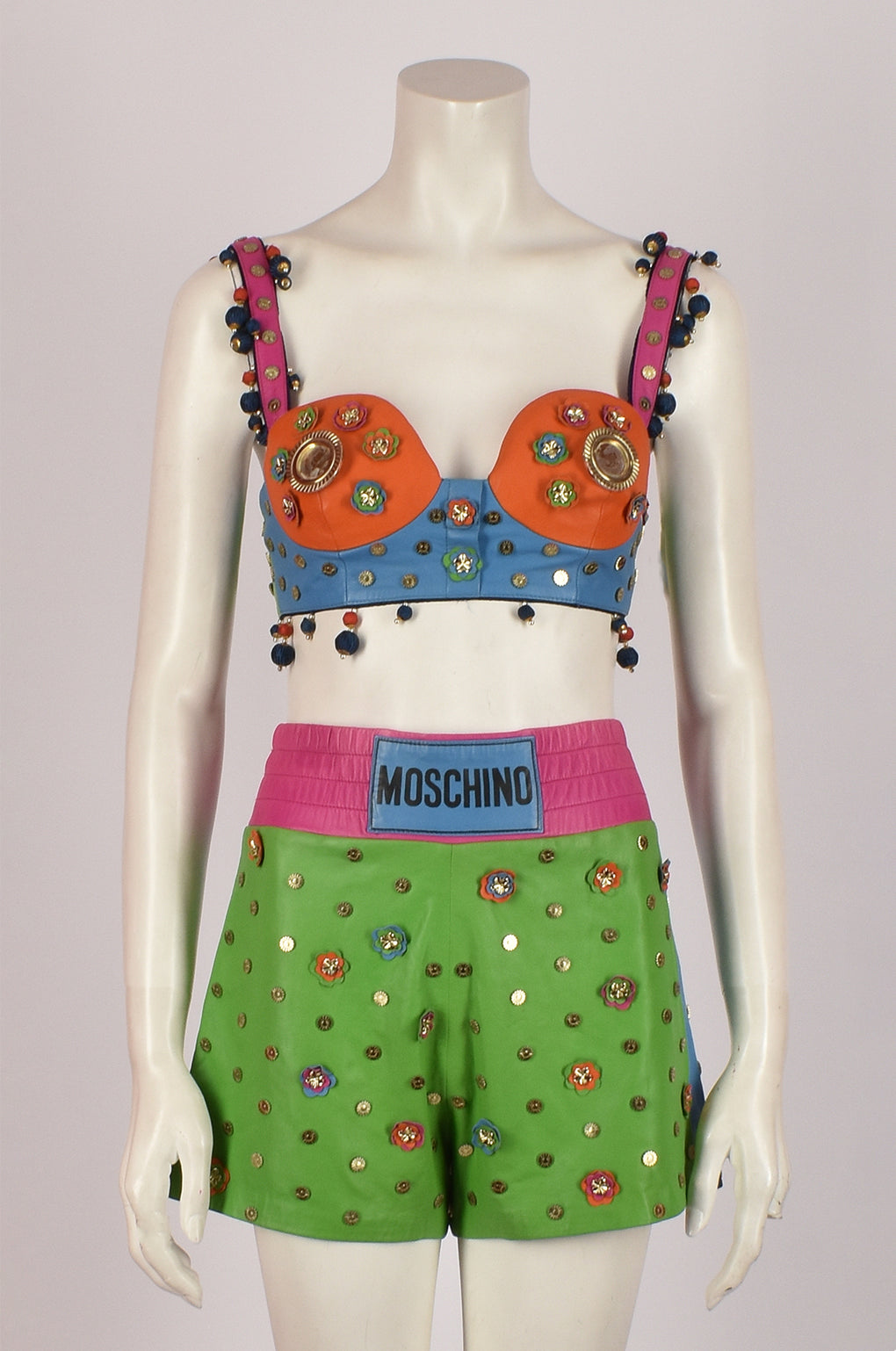 MOSCHINO BY JEREMY SCOTT S/S 2017 MULTICOLOURED LEATHER EMBELLISHED BOXING LOOK