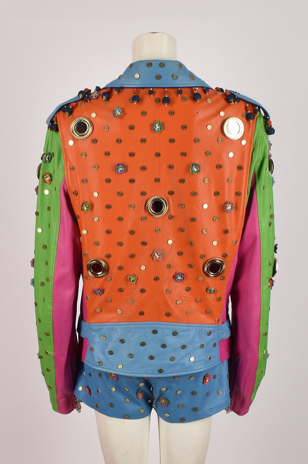 MOSCHINO BY JEREMY SCOTT MULTICOLOURED LEATHER EMBELLISHED BOXING LOOK