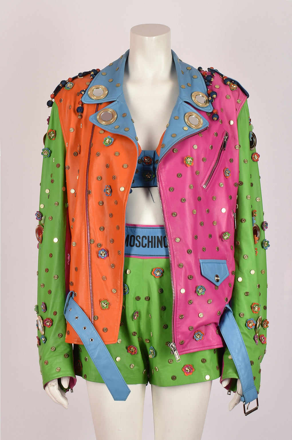 MOSCHINO BY JEREMY SCOTT MULTICOLOURED LEATHER EMBELLISHED BOXING LOOK