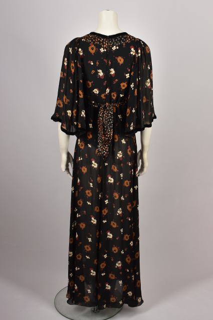 GINA FRATINI 1970s SILK FLORAL LOW NECKLINE DRESS