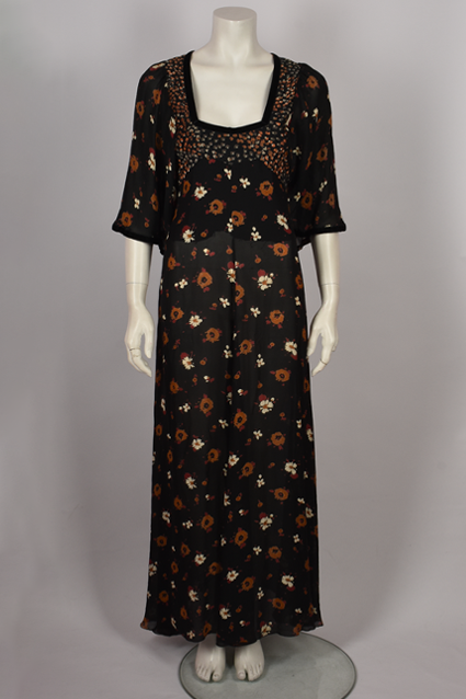 GINA FRATINI 1970s SILK FLORAL LOW NECKLINE DRESS