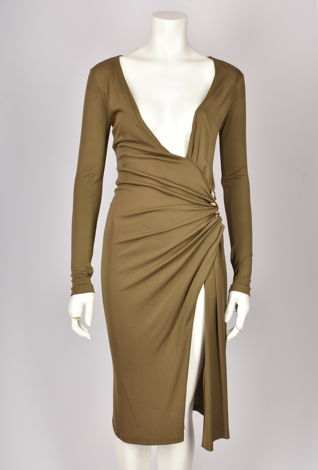 ROBERTO CAVALLI ARMY GREEN RUCHED MIDI DRESS