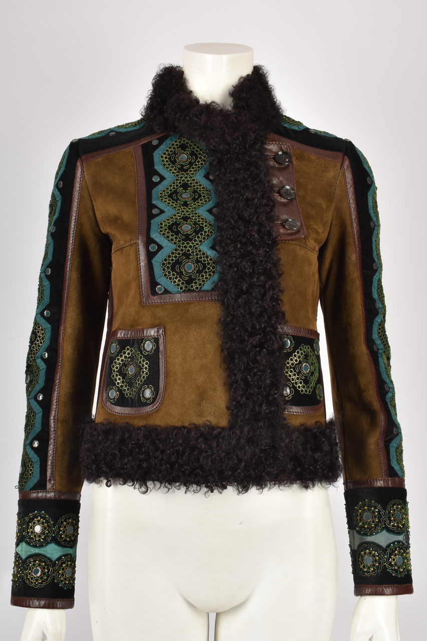 GUCCI SUEDE AND FUR EMBROIDERED JACKET