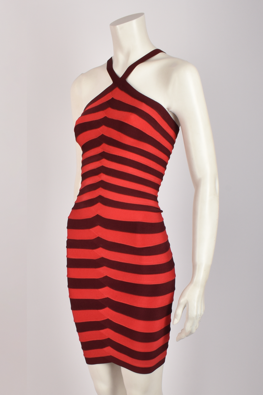 HERVE LEGER STRIPED HALTER  BONDAGE DRESS