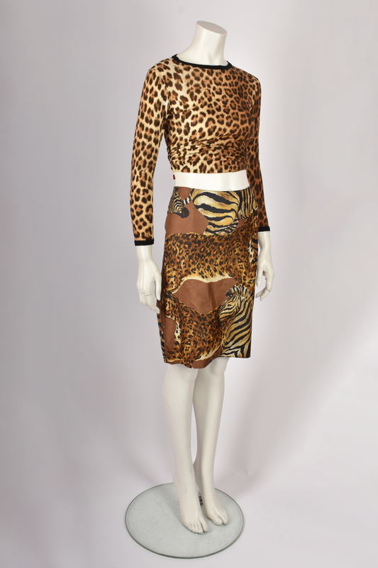 DOLCE & GABBANA SILK ZEBRA AND LEOPARD MIDI SKIRT