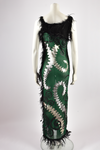 JULIEN MACDONALD A/W 1998 GREEN CROCHET, SILVER LEATHER AND BLACK FEATHER DRESS