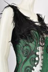 JULIEN MACDONALD A/W 1998 GREEN CROCHET, SILVER LEATHER AND BLACK FEATHER DRESS
