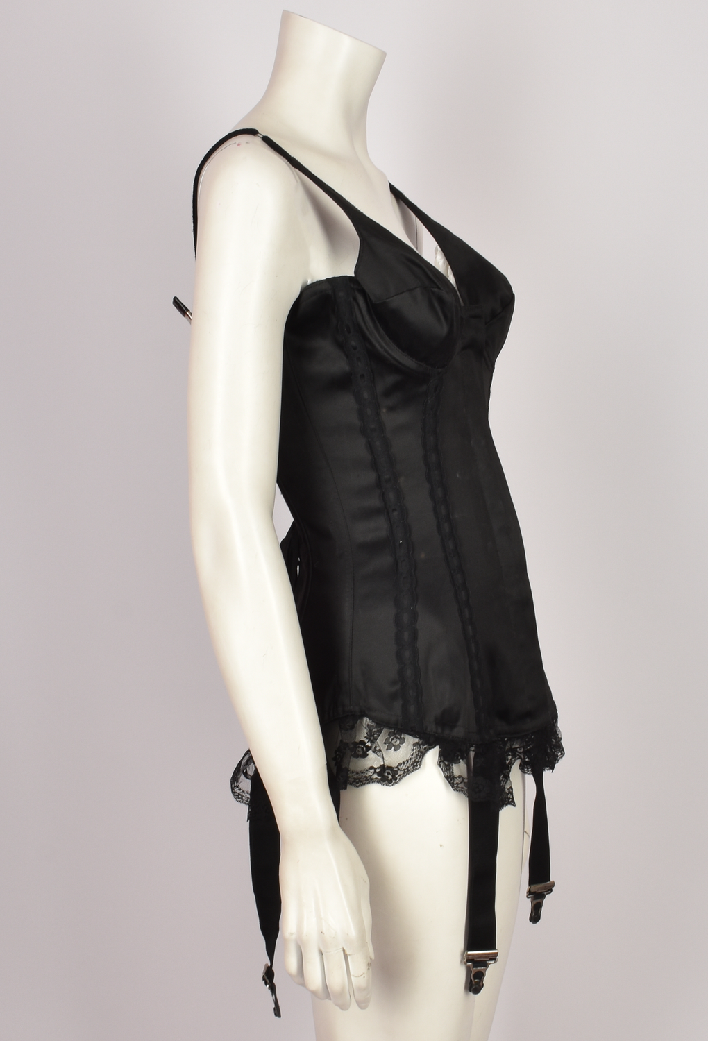 1960's BLACK SATIN AND LACE CORSET WITH STRAPS