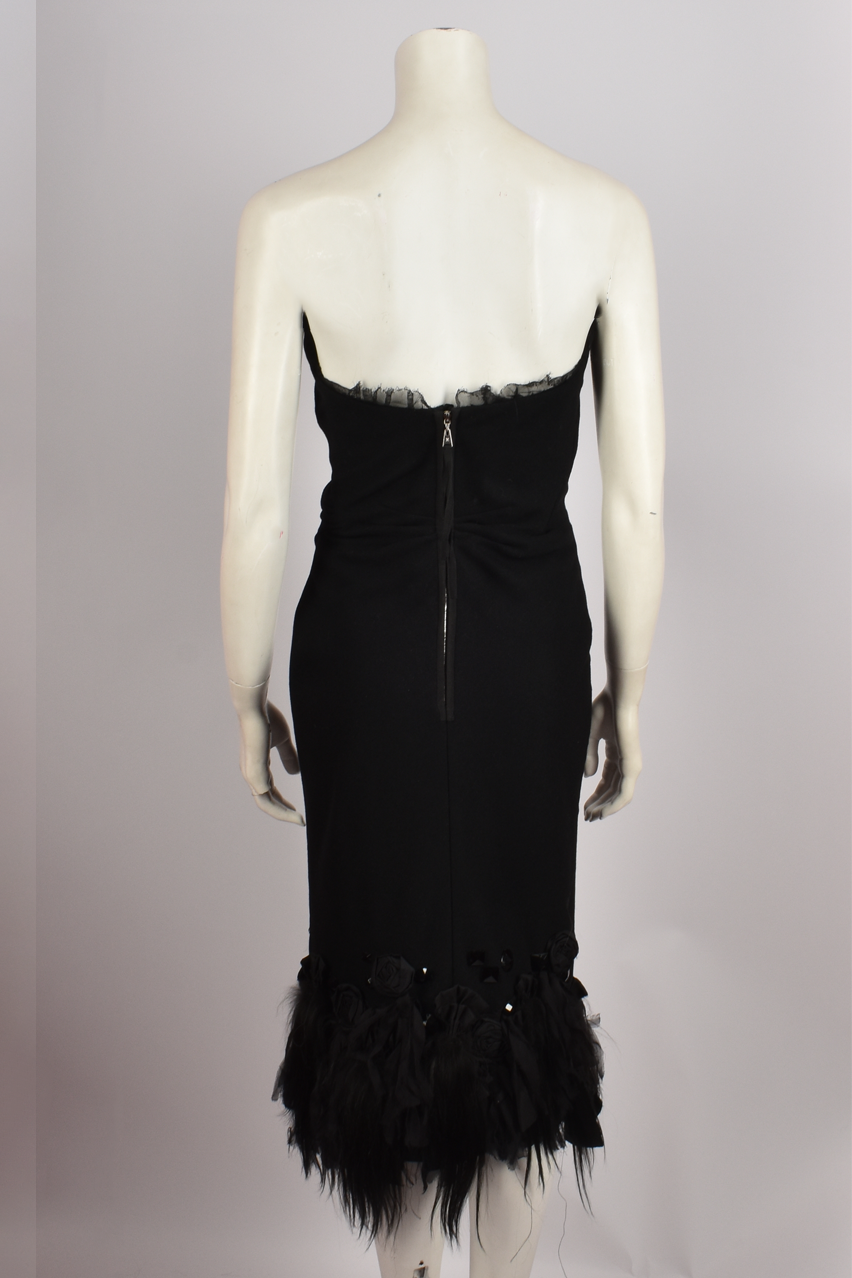 LOUIS VUITTON BLACK MIDI LACE AND FEATHERS DRESS