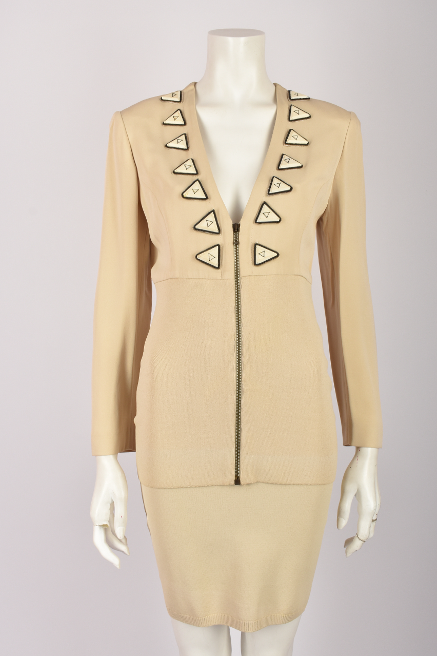 OZBEK CREAM SKIRT SUIT WITH TRIANGLE ATTACHMENTS