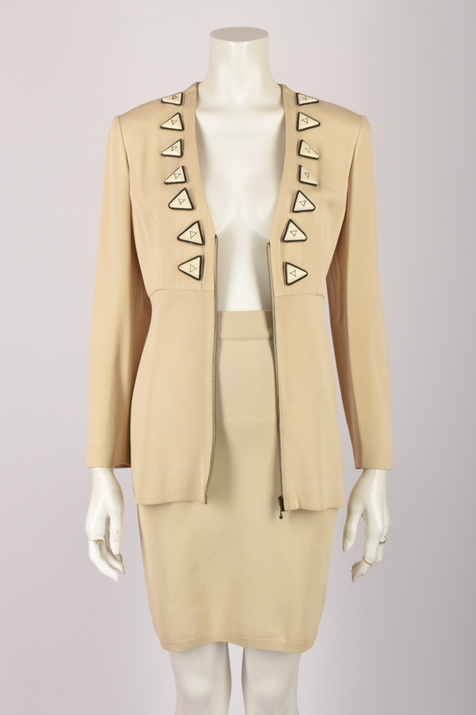OZBEK CREAM SKIRT SUIT WITH TRIANGLE ATTACHMENTS