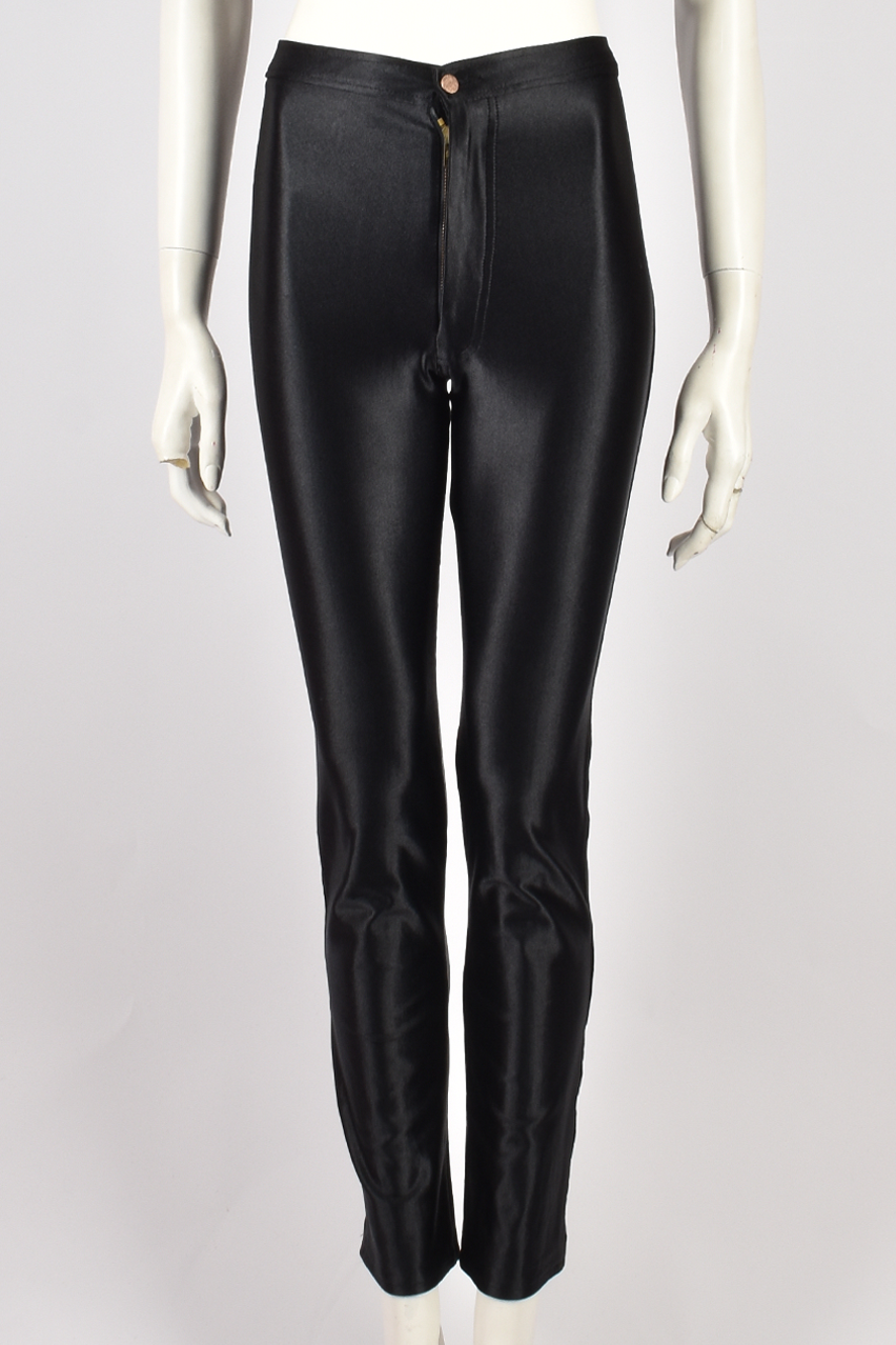 BLACK SATIN PALM SKINNY TROUSERS