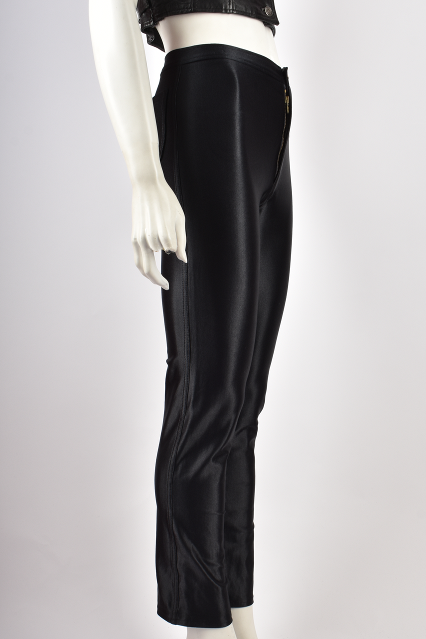 BLACK SATIN PALM SKINNY TROUSERS