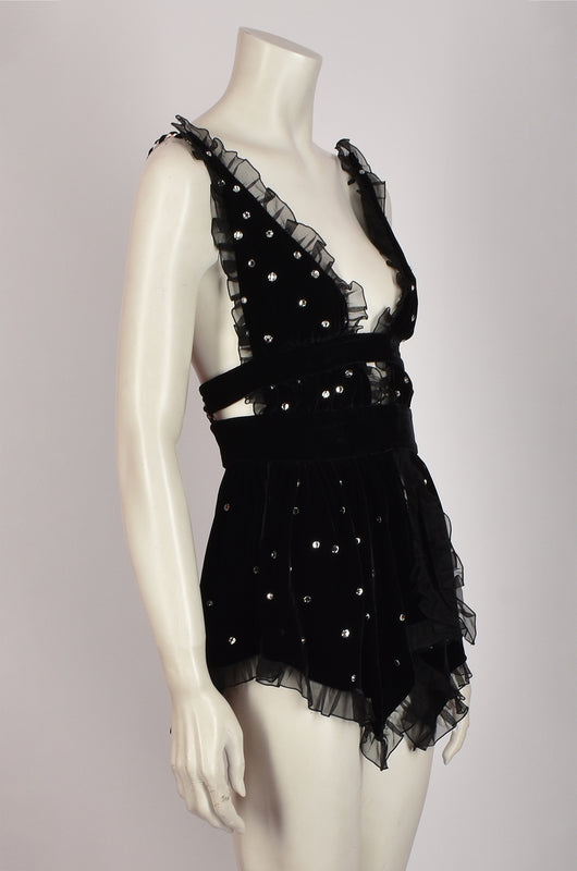 PHILOSOPHY BLACK TOP / MINI-DRESS WITH EMBROIDERED CRYSTALS