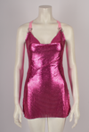 BRIGHT PINK CHAINMAIL COWL NECK MINI DRESS