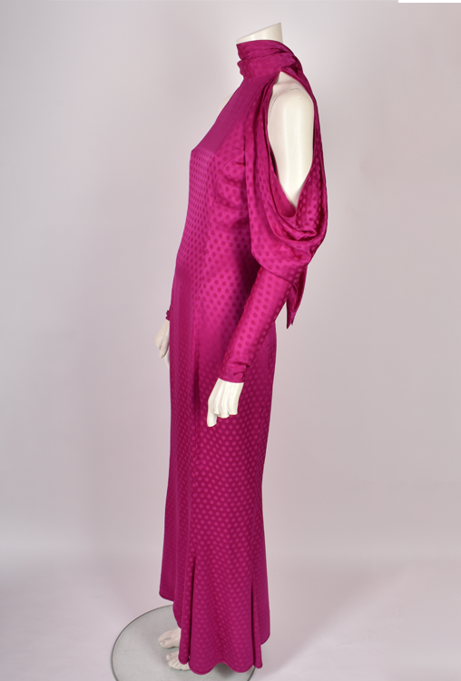 EMANUEL UNGARO PINK POLKA DOT OFF THE SHOULDER HIGH NECK DRESS
