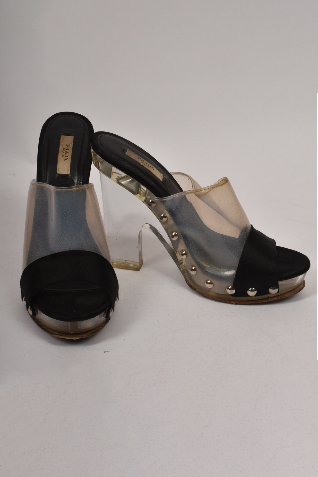 PRADA CLEAR CHUNKY HEELS WITH SILVER STUDS