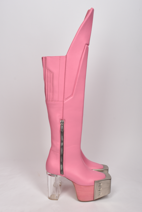 RICK OWENS S/S 2021 RUNWAY PINK KNEE HIGH PLATFORM BOOTS