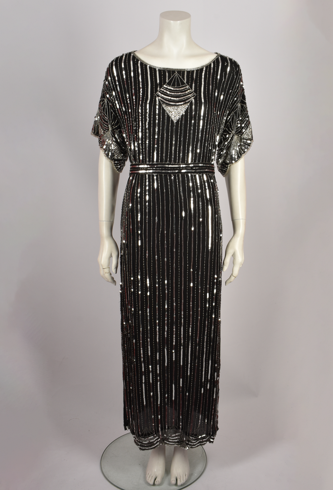 SILVER SEQUIN KAFTAN DRESS WITH BELT