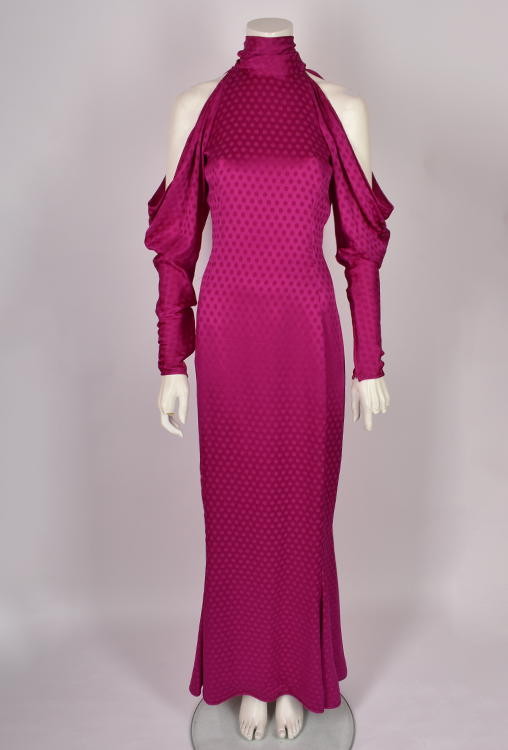 EMANUEL UNGARO PINK POLKA DOT OFF THE SHOULDER HIGH NECK DRESS