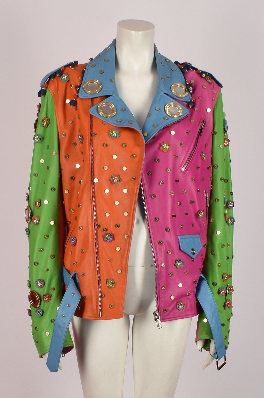 MOSCHINO BY JEREMY SCOTT MULTICOLOURED LEATHER EMBELLISHED BOXING JACKET