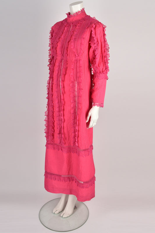 VINTAGE 70s bright pink Mexican dress L