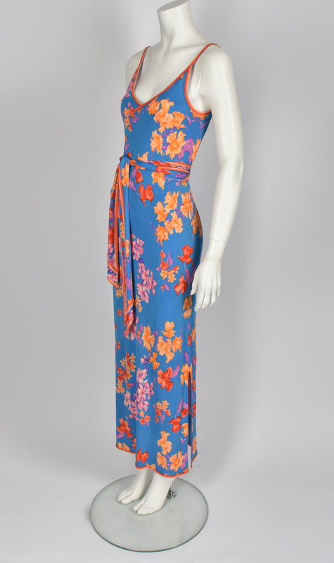 LEONARD 70's silk strappy floral print dress