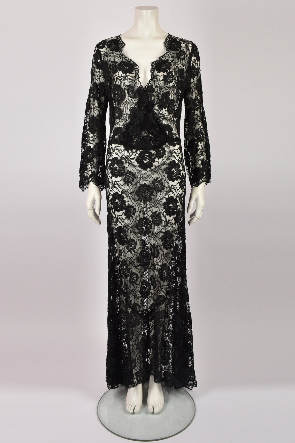VINTAGE 30s black lace flared gown M