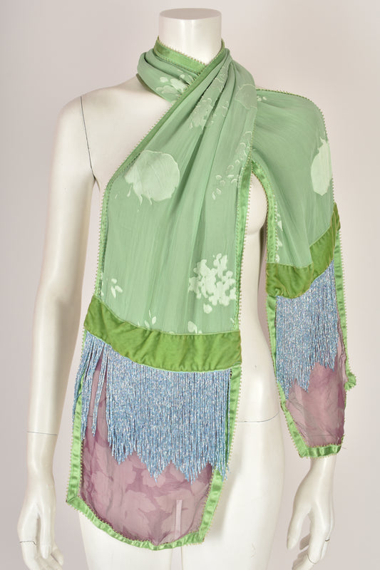 VOYAGE 1990s lace and fringe shawl S-M-L